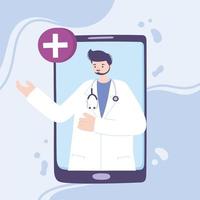 médico online, médico com estetoscópio, aconselhamento médico em smartphone ou serviço de consulta vetor