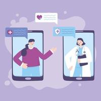 telemedicina, smartphone feminino médico e consulta ao paciente online ajudando vetor