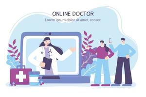 médico online, casal com smartphone e médica no laptop, aconselhamento médico ou serviço de consulta vetor