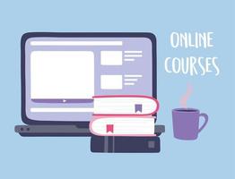 treinamento online, livros de aula com conteúdo de laptop e xícara de café, desenvolvimento de conhecimento de cursos usando internet vetor