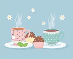 hora do café e chá, xícaras quentes e sobremesa de cupcakes doces vetor
