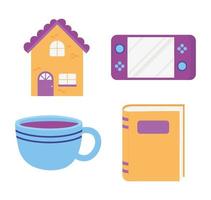 jogo de console doméstico xícara de café e ícones de livro design isolado vetor