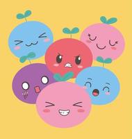 expressão de desenho animado de frutas kawaii diferentes faces engraçadas vetor