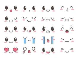 Conjunto de emoticons kawaii fofos e adoráveis com rostos de desenhos animados vetor