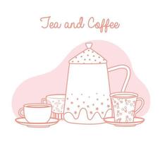 chaleira para chá e café com bebida de xícaras decorativas, estilo de linha vetor