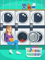 ilustração vetorial colorida de mulher com cesta de roupas na lavanderia. estilo plano vetor
