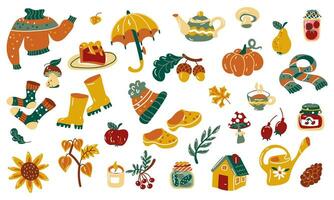 uma conjunto do outono elementos. vetor ilustração do abóbora, guarda-chuva, torta, cogumelos, borracha botas, bagas, frutas, outono folhas e Muito de mais. uma conjunto do adesivos em a outono tema