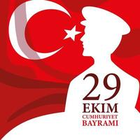 29 ekim cumhuriyet bayrami com bandeira turca e desenho de silhueta de homem ataturk branco vetor