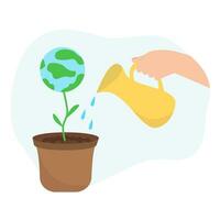 mão rega planeta plantar. vetor ilustração do em vaso plantar e jarro com água gotas. conceito para terra dia, de Meio Ambiente proteção Projeto.