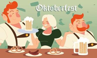 oktoberfest homens e mulheres com salsichas de cerveja e desenho vetorial de pretzels vetor