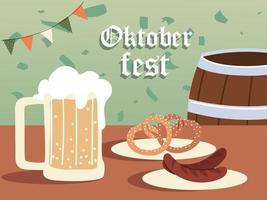 projeto vetorial de salsichas e pretzels em barril de cerveja oktoberfest vetor