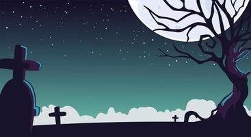 fundo da noite de halloween com um cemitério e uma lua vetor