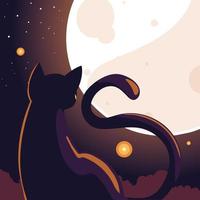 fundo de halloween com gato em noite escura e lua cheia vetor