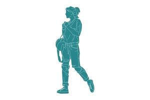 ilustração em vetor de mulher na moda andando na estrada lateral, estilo simples com contorno
