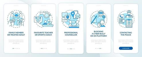 relatando a tela da página do aplicativo móvel onboarding da ciberhumiliação com conceitos. família, treinador de esportes passo a passo 5 etapas instruções gráficas. modelo de vetor ui, ux, gui com ilustrações coloridas lineares