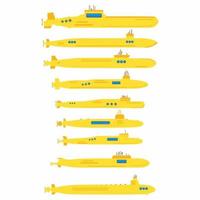 conjunto de submarinos amarelos em estilo de elemento plano isolado no fundo branco. vetor