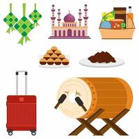 conjunto de coisas islâmicas, como ketupat, mesquita, pacote, mala, cama, bolo e datas isoladas no fundo branco. vetor