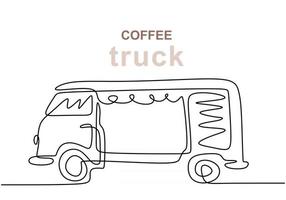 única linha contínua de food truck de café. caminhão de comida de café em um estilo de linha isolado no fundo branco. vetor