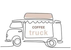 única linha contínua de food truck de café. caminhão de comida de café em um estilo de linha isolado no fundo branco. vetor