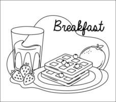café da manhã waffle suco de laranja e morangos deliciosa comida estilo de linha cartoon vetor