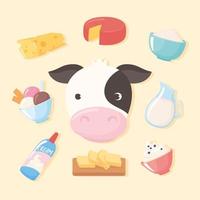 conjunto de ícones de desenhos animados de leite de vaca leite de vaca creme de queijo creme de manteiga vetor