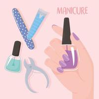 manicure, mão feminina com acessórios de cutícula cortadora de lima de esmalte vetor