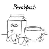 café da manhã caixa de leite xícara de café croissant comida deliciosa estilo de linha dos desenhos animados