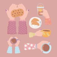 definir as mãos com uma xícara de café, biscoito e croissant, bebida fresca vetor