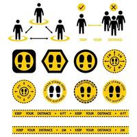 fique aqui sinal. ícone de distanciamento social. mantenha a distância de 2 metros ou 6 pés. evite multidões. distância segura. além do aviso de fita amarela. adesivo de pegada no chão, fique aqui. vetor
