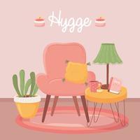 poltrona tabe com lâmpada xícara de café e planta, estilo cartoon Hygge vetor