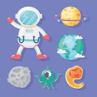 astronauta planeta cometa Terra, lua e galáxia espacial alienígena em estilo cartoon