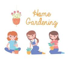 jardinagem doméstica, conjunto de meninas com plantas no vaso e uma pá vetor