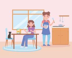 cena da rotina diária, mulher e filha comendo alimentos saudáveis no café da manhã vetor