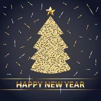 feliz ano novo com pinheiro e design de vetor estilo confete ouro