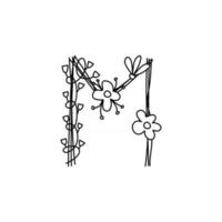 Primavera floral vintage em negrito letra m logotipo. vetores de design de carta de verão clássico com cor preta e mão floral desenhada com flores de linha monoline