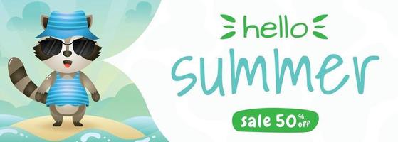 banner de venda de verão com um guaxinim fofo usando fantasia de verão vetor