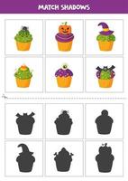 encontrar sombras de lindos muffins selvagens de halloween. cartões para crianças. vetor