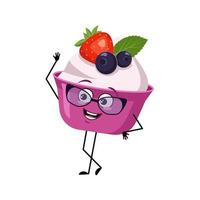bolo fofo ou personagem de iogurte com óculos e emoções alegres, rosto de sorriso, olhos felizes, braços e pernas. uma comida doce com olhos vetor