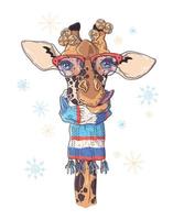 mão desenhado o retrato de girafa em vetor de acessórios de Natal.