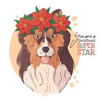 mão desenhado o retrato de cachorro collie com vetor de flores de Natal.