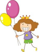 um doodle criança segurando um personagem de desenho animado de balões isolado vetor
