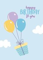 feliz aniversário, caixa de presente voador com festa de celebração de decoração de balões vetor