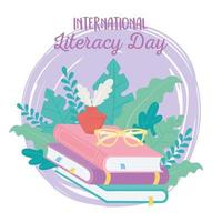 dia internacional da alfabetização, óculos de tinta na pilha de livros de educação vetor