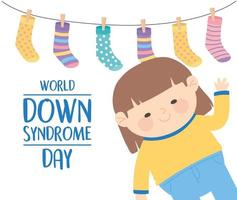 Dia Mundial da Síndrome de Down acenando com a mão desenhos animados da menina e decoração de meias vetor