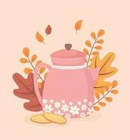 hora do café e chá, bule de chá com flores em fatias de laranja e folhas de fundo vetor
