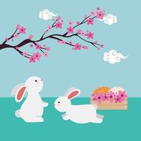 casal de coelhos com galho de árvore chinesa e flores vetor