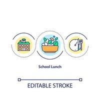 ícone do conceito de merenda escolar. criação de alimentos saudáveis para alunos. cozinhar refeições saborosas e saudáveis ilustração de linha fina de ideia. desenho de cor rgb de contorno isolado de vetor. curso editável vetor