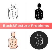 ícone de quadris e ombros irregulares. curva anormal na coluna. agravamento da escoliose. Postura ruim. diferença no comprimento da perna. marcha incomum. estilos de cor preta e rgb linear. ilustrações vetoriais isoladas vetor