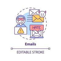 ícone do conceito de e-mails. Ilustração de linha fina de ideia de canal de cyberbullying. envio de mensagens rudes e ameaças. invadir o e-mail da vítima. desenho de cor rgb de contorno isolado de vetor. curso editável vetor