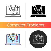 wi fi não funciona ícone. problema de conexão sem fio, sinal fraco. sem internet. consertar wi-fi. tecnologia de comunicação, problemas de laptop. estilos de cor preta e rgb linear. ilustrações vetoriais isoladas vetor